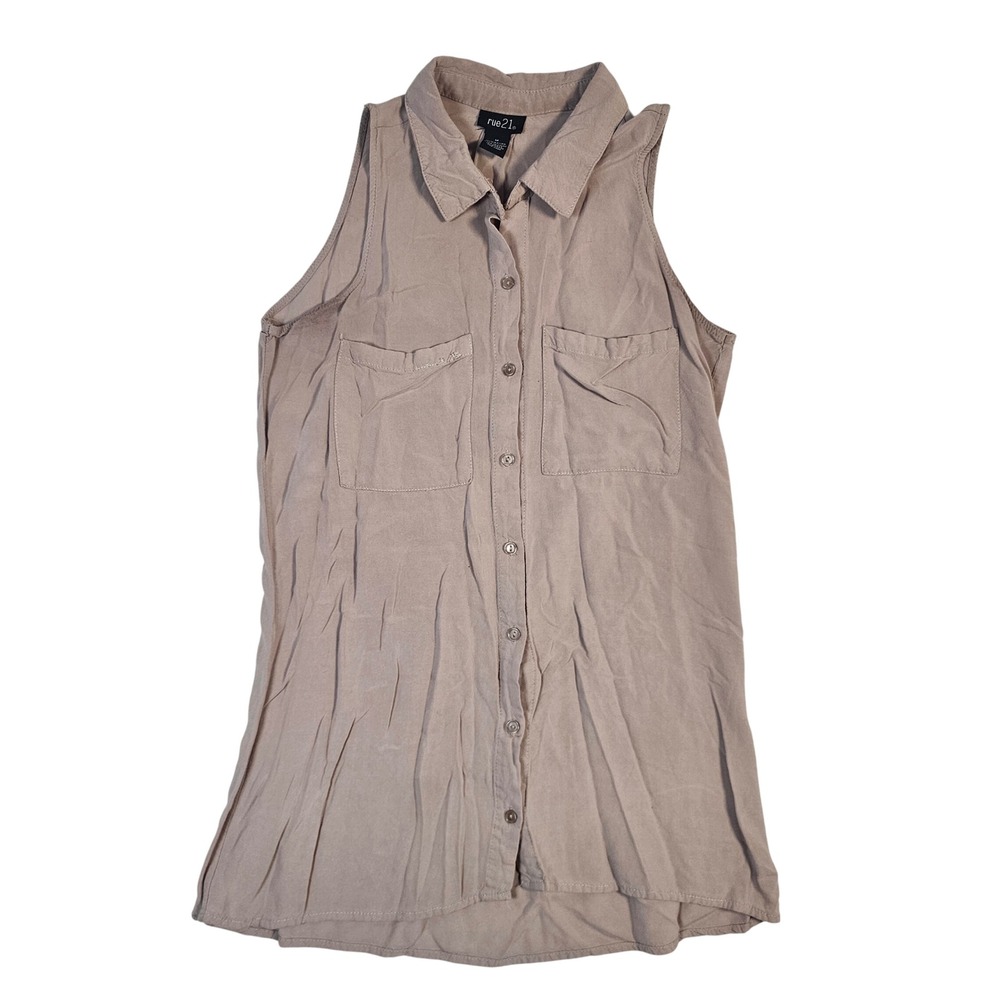 Rue21 Womens Sleeveless Button Down Top Tan Rayon Utility Shirt Size Medium